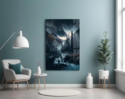Dusk Gorge Misty Pines Rapids Glass Wall Art