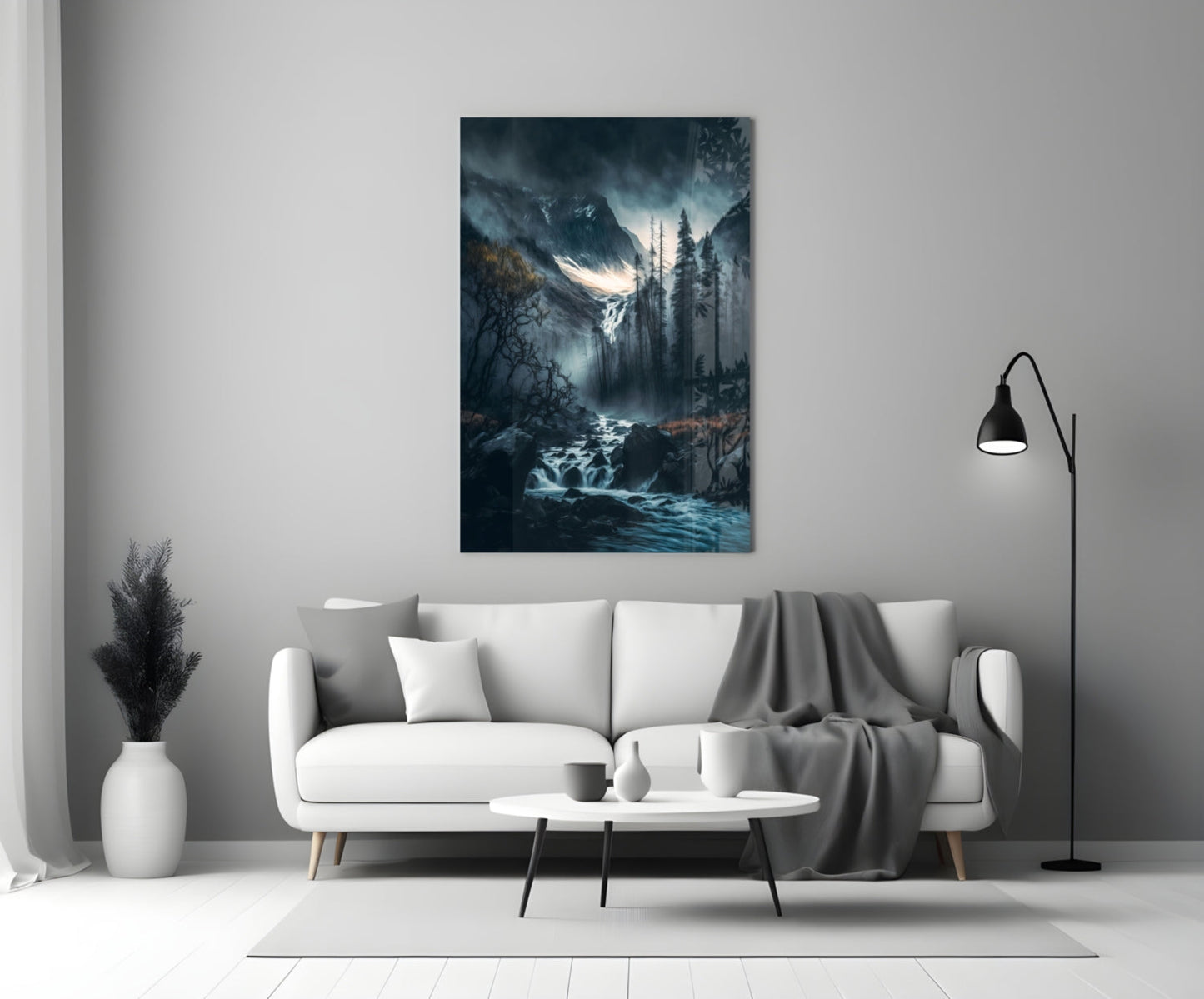 Dusk Gorge Misty Pines Rapids Glass Wall Art