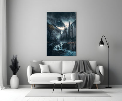 Dusk Gorge Misty Pines Rapids Glass Wall Art