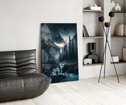 Dusk Gorge Misty Pines Rapids Glass Wall Art
