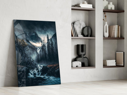Dusk Gorge Misty Pines Rapids Glass Wall Art