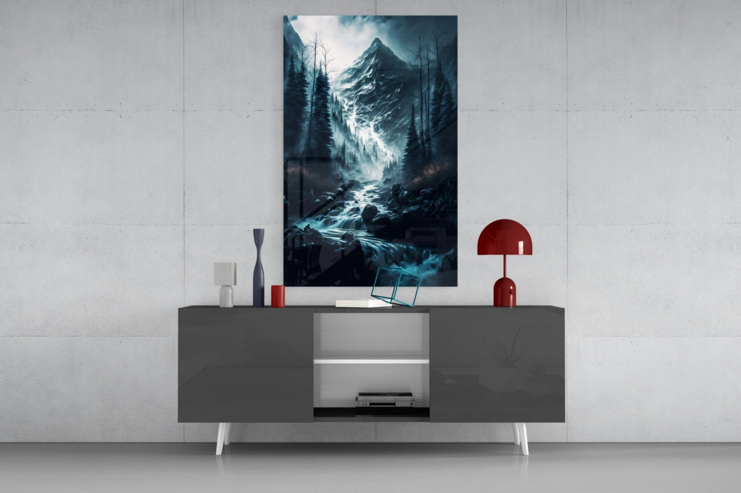 Misty Blue Peak Waterfall Forest Glass Wall Art