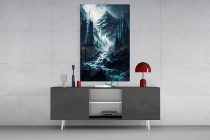 Misty Blue Peak Waterfall Forest Glass Wall Art