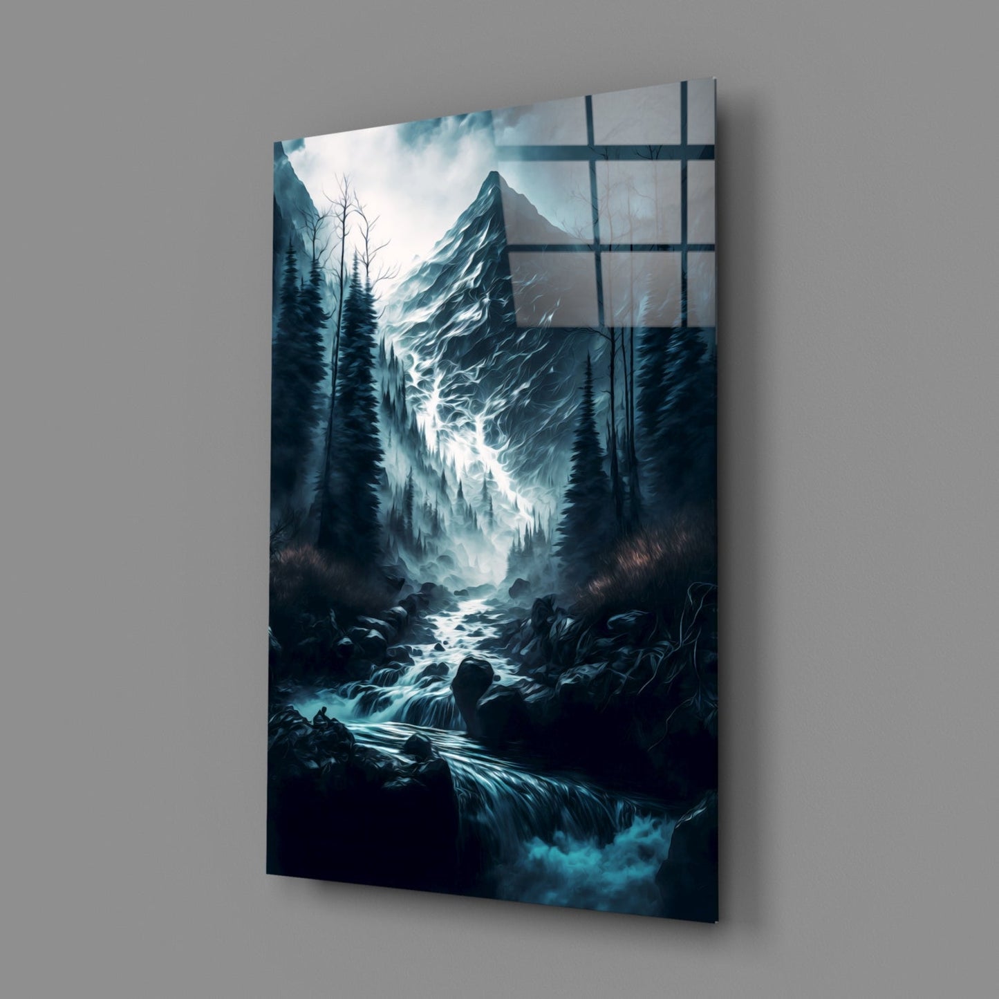 Misty Blue Peak Waterfall Forest Glass Wall Art