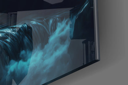 Misty Blue Peak Waterfall Forest Glass Wall Art