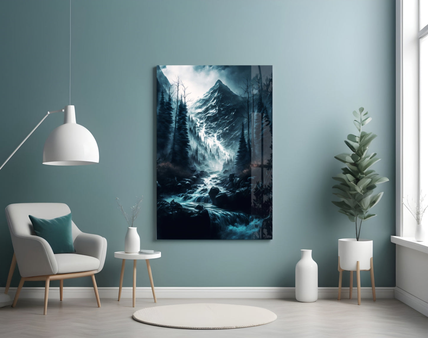 Misty Blue Peak Waterfall Forest Glass Wall Art