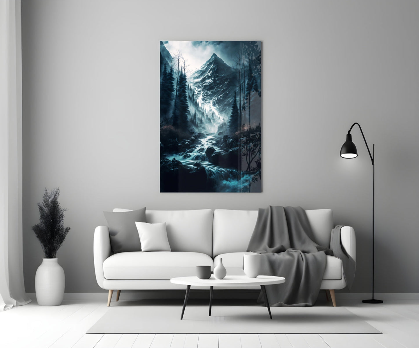 Misty Blue Peak Waterfall Forest Glass Wall Art