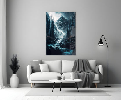 Misty Blue Peak Waterfall Forest Glass Wall Art