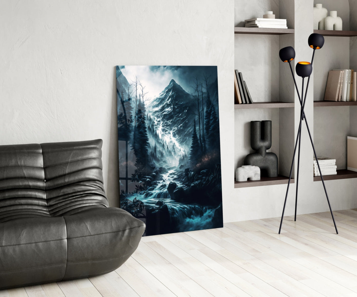 Misty Blue Peak Waterfall Forest Glass Wall Art