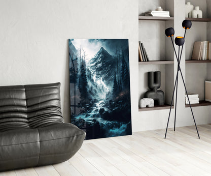 Misty Blue Peak Waterfall Forest Glass Wall Art