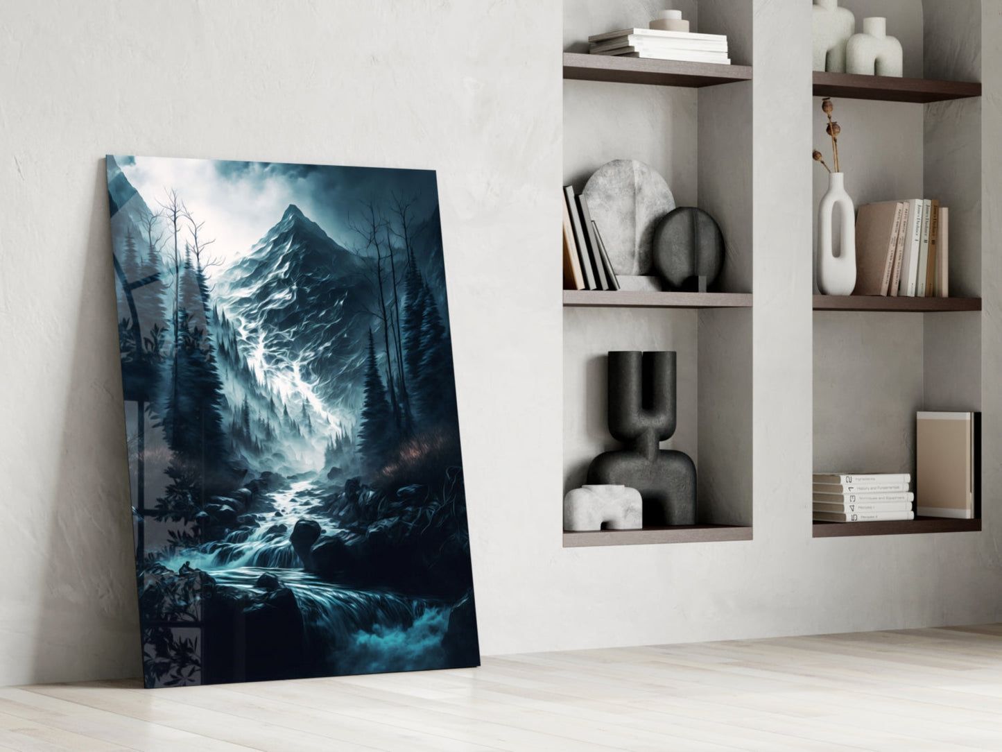 Misty Blue Peak Waterfall Forest Glass Wall Art