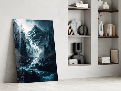 Misty Blue Peak Waterfall Forest Glass Wall Art