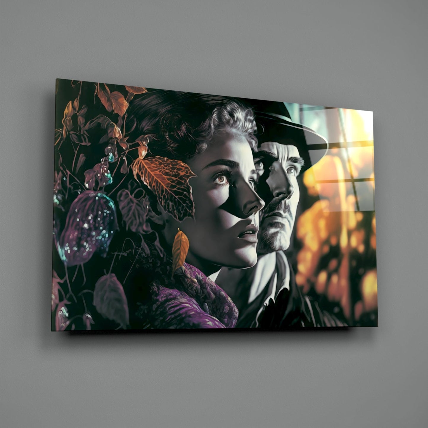 Glass wall art featuring two vintage-style portrait faces among autumn foliage and warm golden light, displayed at an angle against a gray wall.