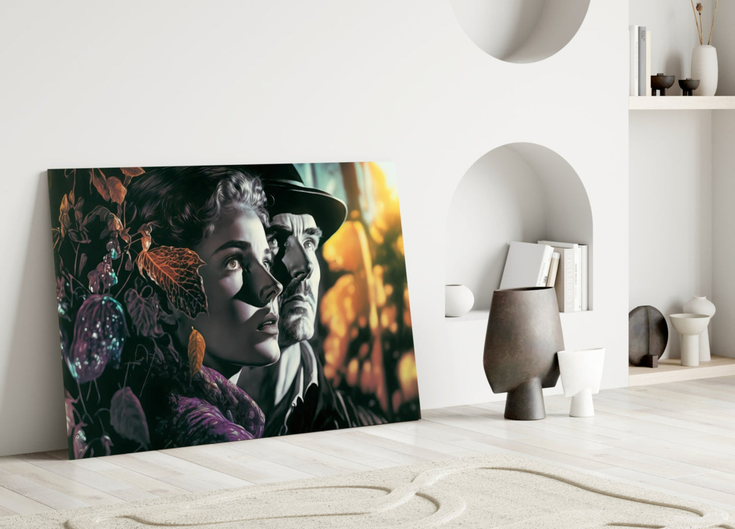 Glass wall art depicting two vintage-styled faces among purple flowers and warm golden light, displayed in a minimalist white interior setting.