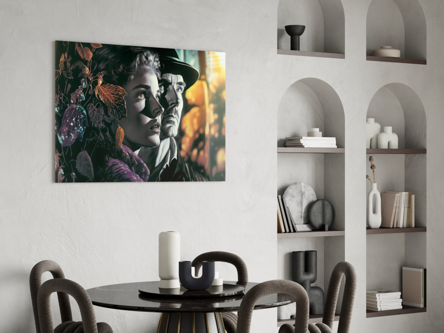 Vintage-style glass wall art featuring two faces with colorful botanical elements displayed above a black dining table in a modern interior.