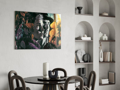 Vintage-style glass wall art featuring two faces with colorful botanical elements displayed above a black dining table in a modern interior.