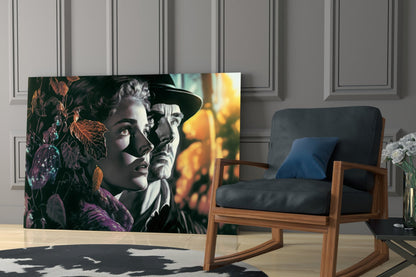 Glass wall art featuring two vintage-styled figures surrounded by purple flowers and warm golden light, displayed in a modern living room setting.