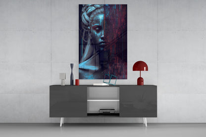 Digital art glass panel featuring cyan and red glowing portrait displayed above modern gray console table with white legs and decor.
