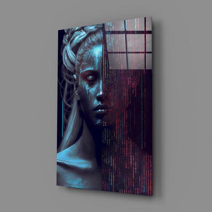 Angled view of glass wall art featuring a cyan-lit face in profile with flowing hair, overlaid with red and dark code text on right side.