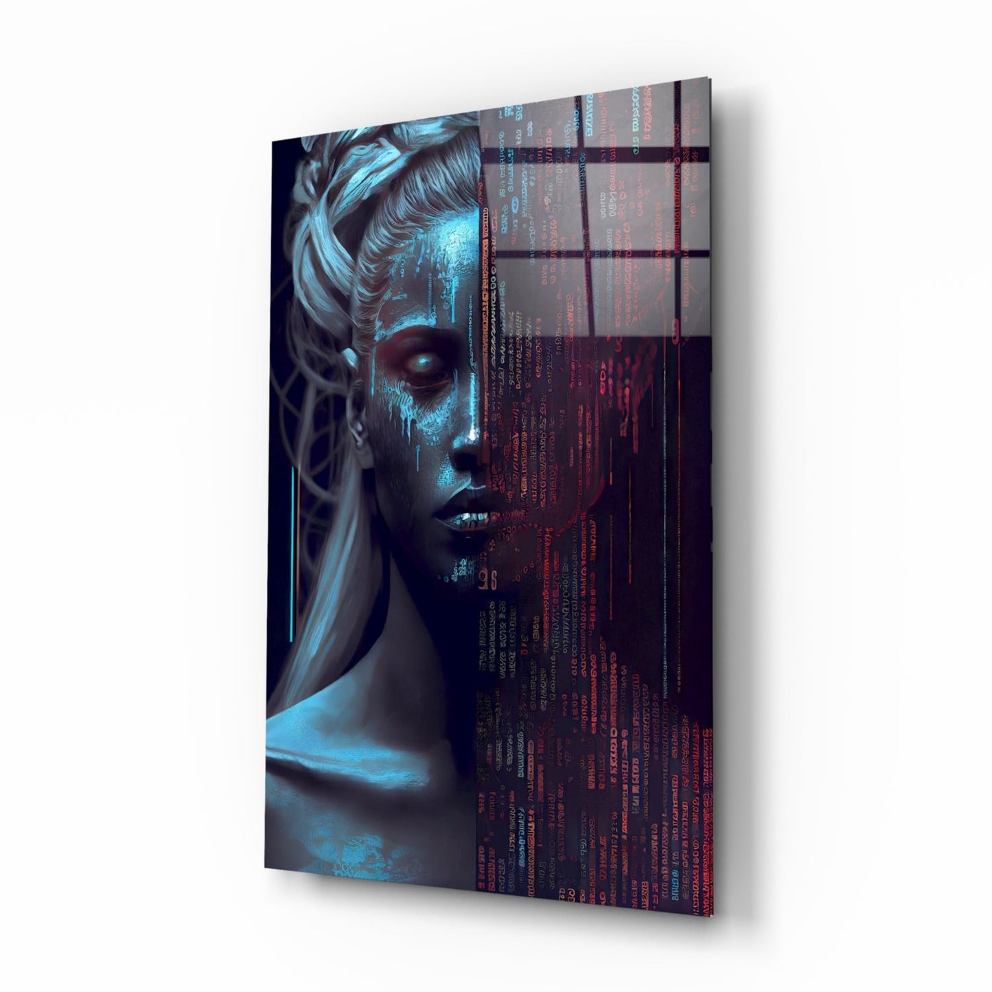 Angled view of glass wall art featuring a woman's face with cyan lighting and red digital code overlay on dark background.