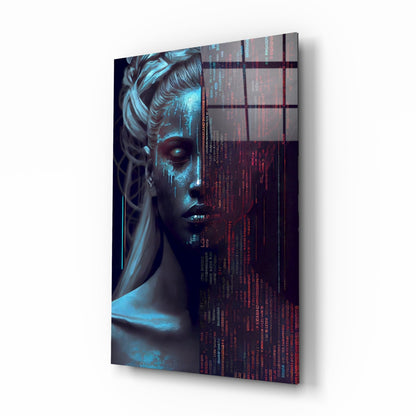 Angled view of glass wall art featuring a woman's face with cyan lighting and red digital code overlay on dark background.