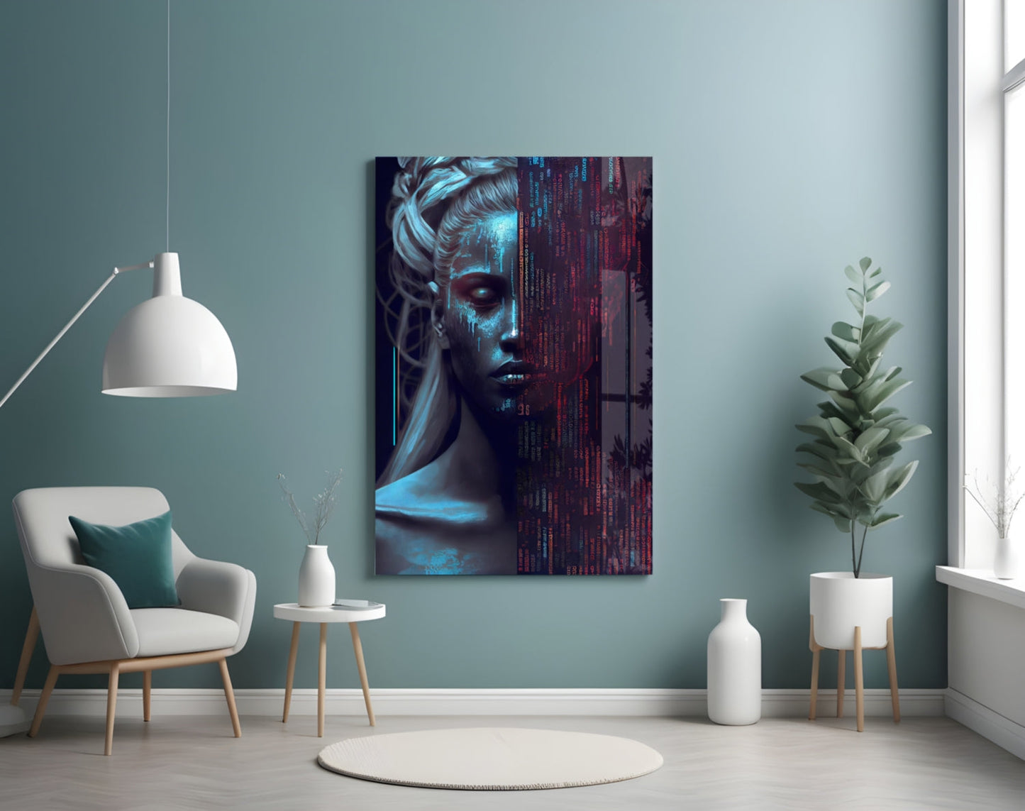 Digital artwork glass panel displaying a cyberpunk female face with blue and red neon lighting effects and binary code overlay, mounted on turquoise wall.