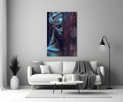 Modern living room interior with blue and red digital portrait glass wall art displayed above white sofa.