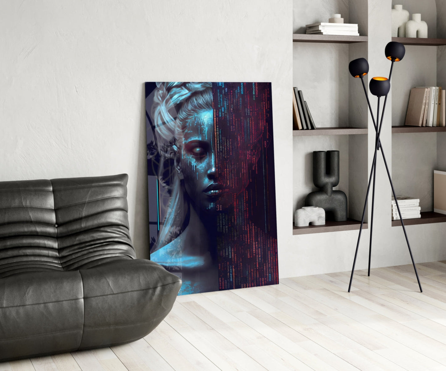Modern living room interior featuring futuristic digital artwork with blue and red glowing face design on glass panel.