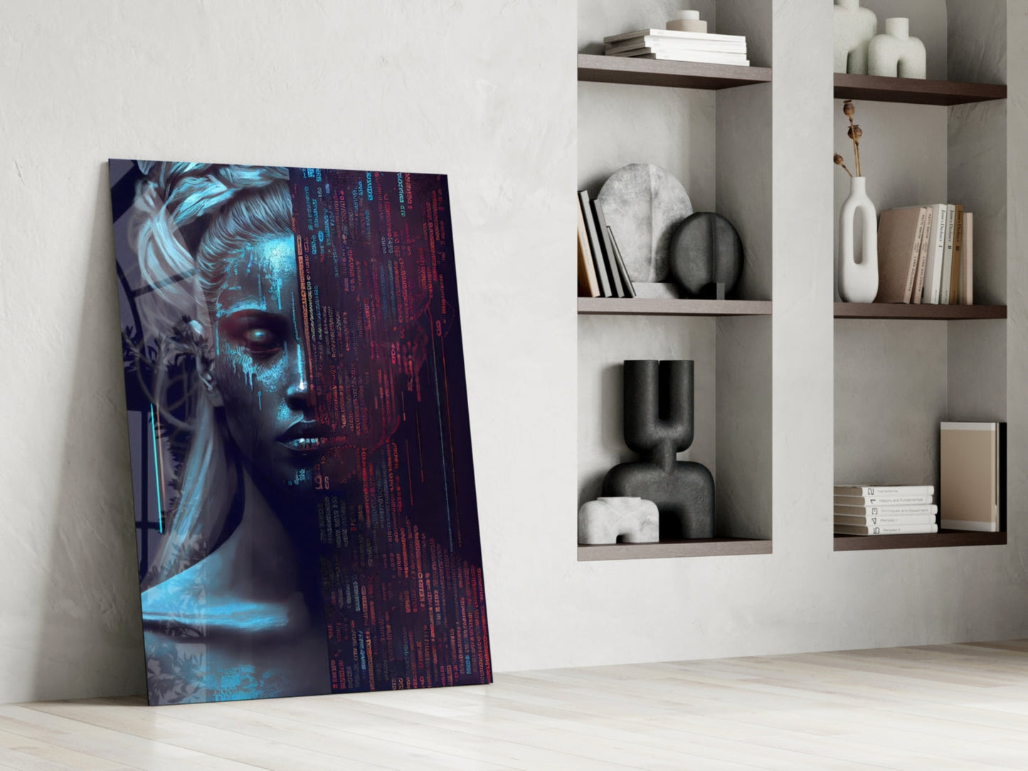 Digital art glass panel leaning against white wall beside shelving unit, featuring glowing blue and red neon portrait with code overlay.