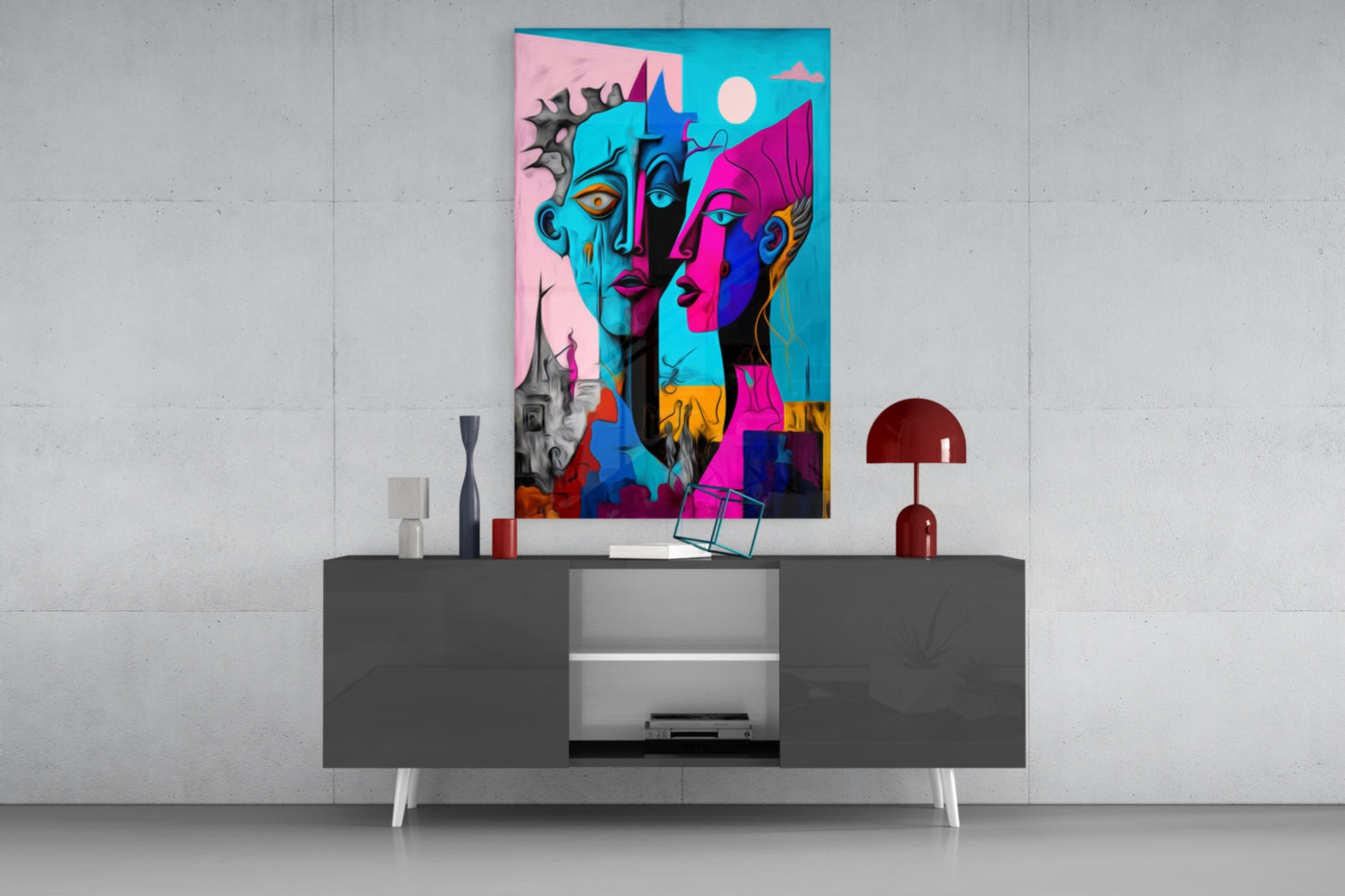 Colorful abstract portrait artwork displayed above gray media console with decorative accessories in modern interior setting.