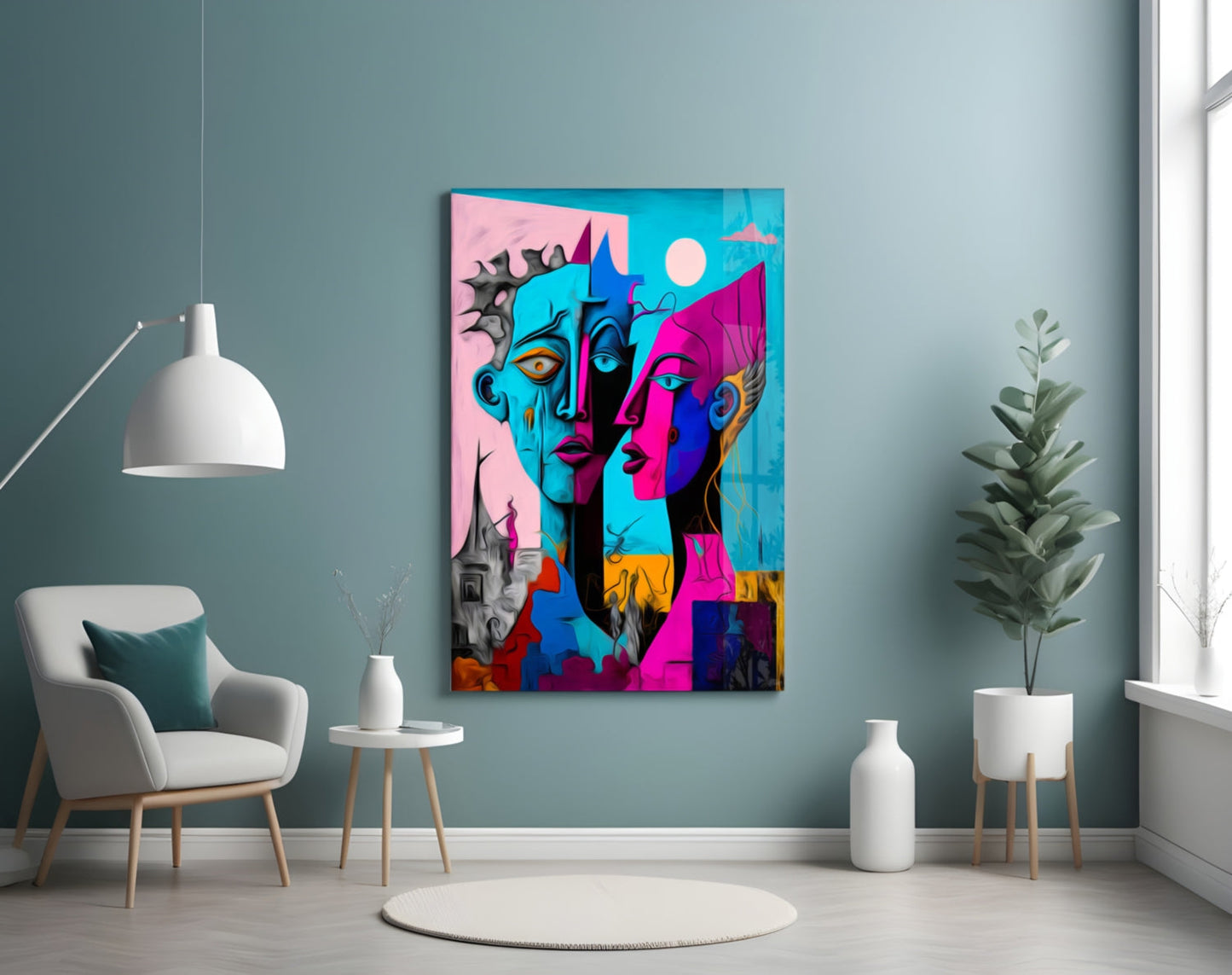 Colorful abstract glass wall art depicting stylized multi-colored faces displayed in modern living room with teal walls and white furniture.