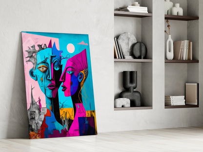 Colorful pop art glass panel leaning against white wall beside built-in shelving with decorative objects and books.