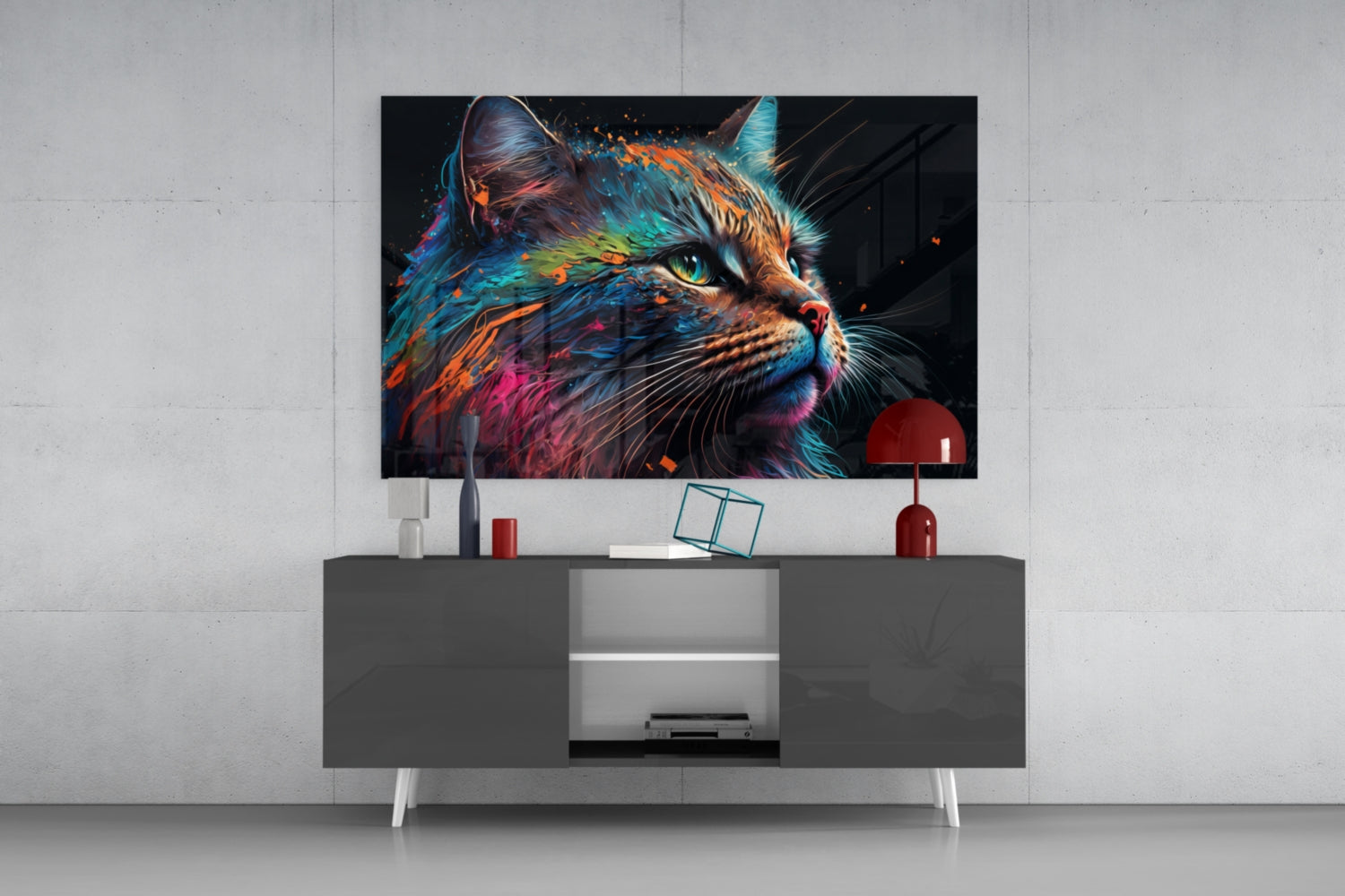 Colorful cat glass wall art displaying vibrant neon blues, oranges, and greens mounted above modern gray media console in contemporary living room setting.
