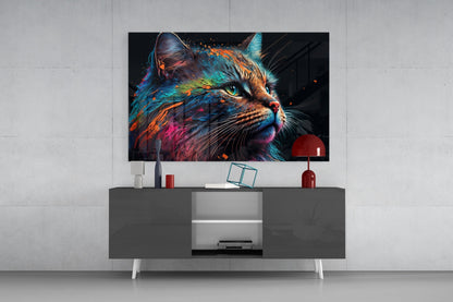 Colorful cat glass wall art displaying vibrant neon blues, oranges, and greens mounted above modern gray media console in contemporary living room setting.