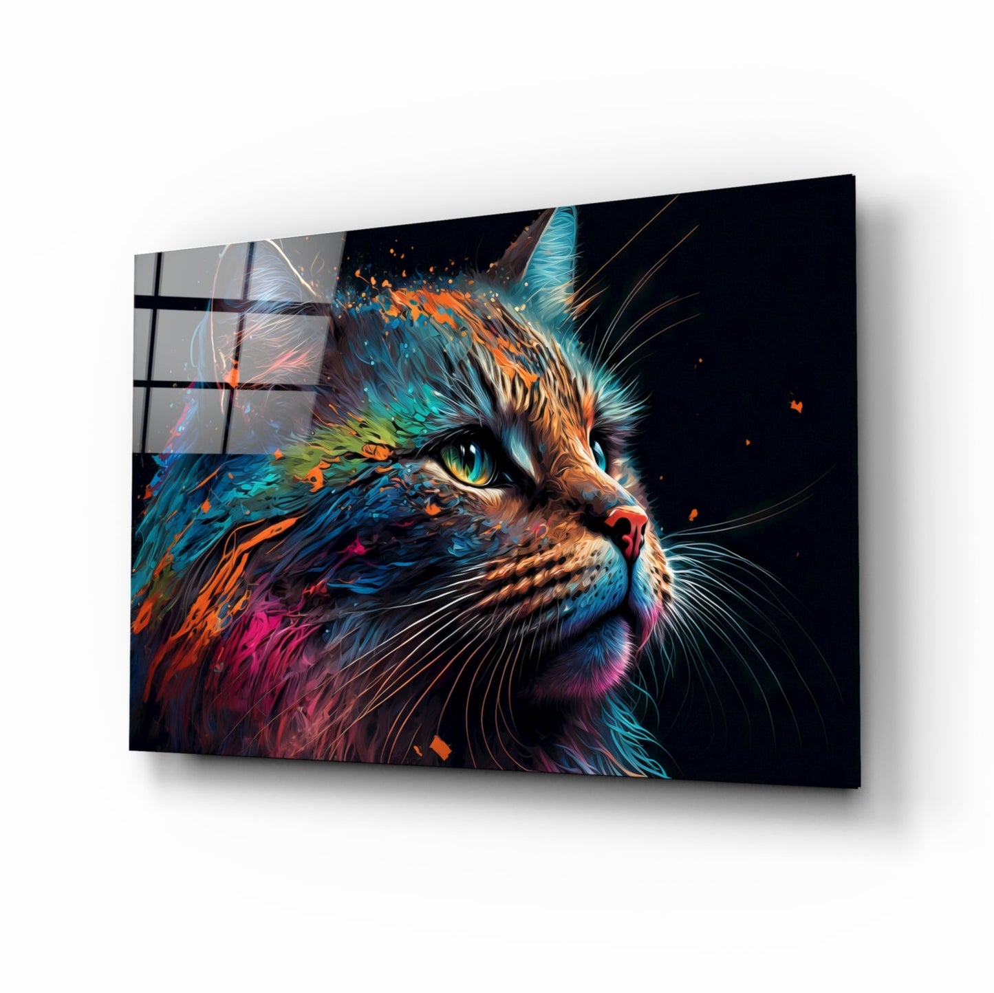 Angled perspective of colorful cat glass wall art with vibrant orange, blue, and pink paint-effect design on black background.