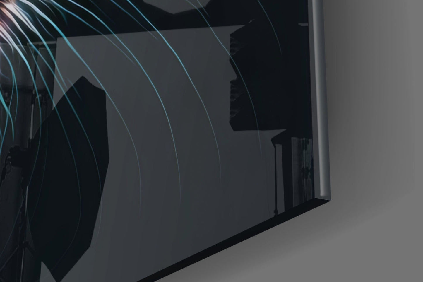 Close-up detail of colorful cat glass wall art showing cyan and teal curved lines against dark silhouettes and gray background.