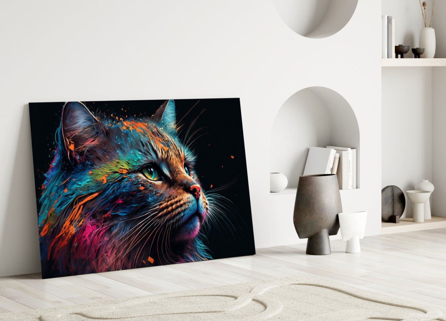 Colorful cat glass wall art leaning against white wall in minimalist interior with decorative objects and shelving.