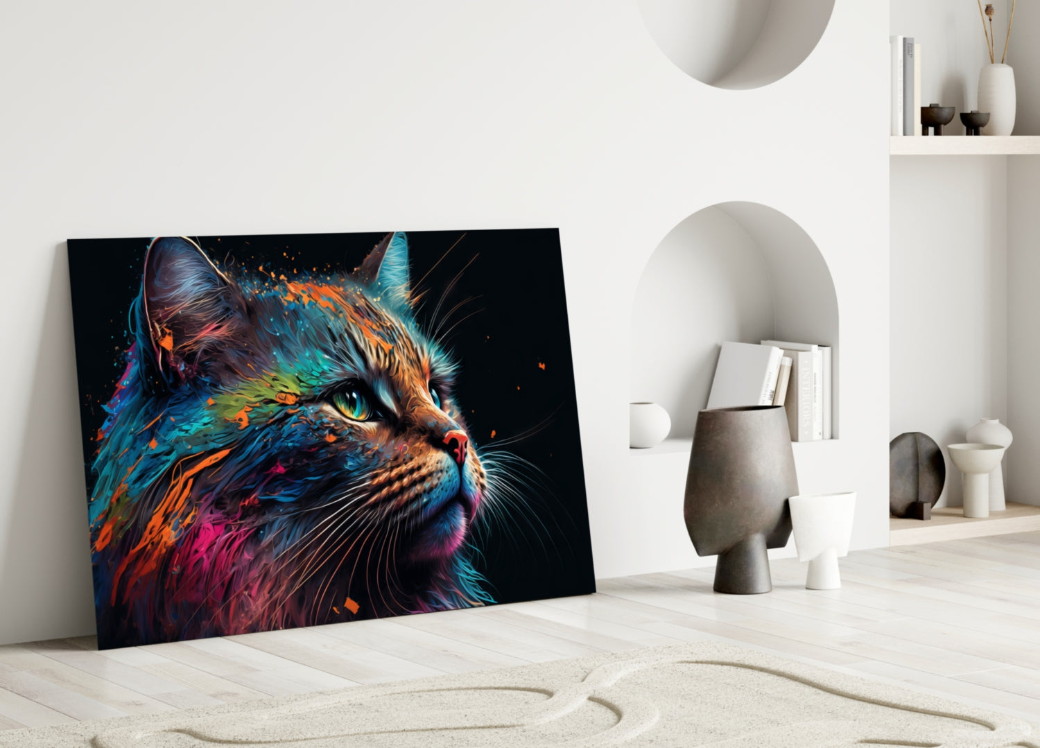 Colorful cat glass wall art leaning against white wall in minimalist interior with decorative objects and shelving.