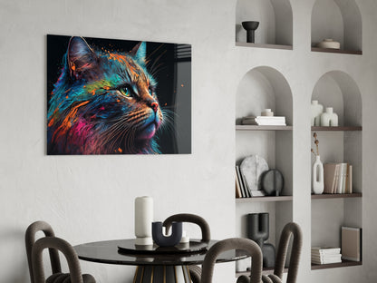Vibrant multicolored cat portrait glass wall art displayed above black dining table in modern interior setting.