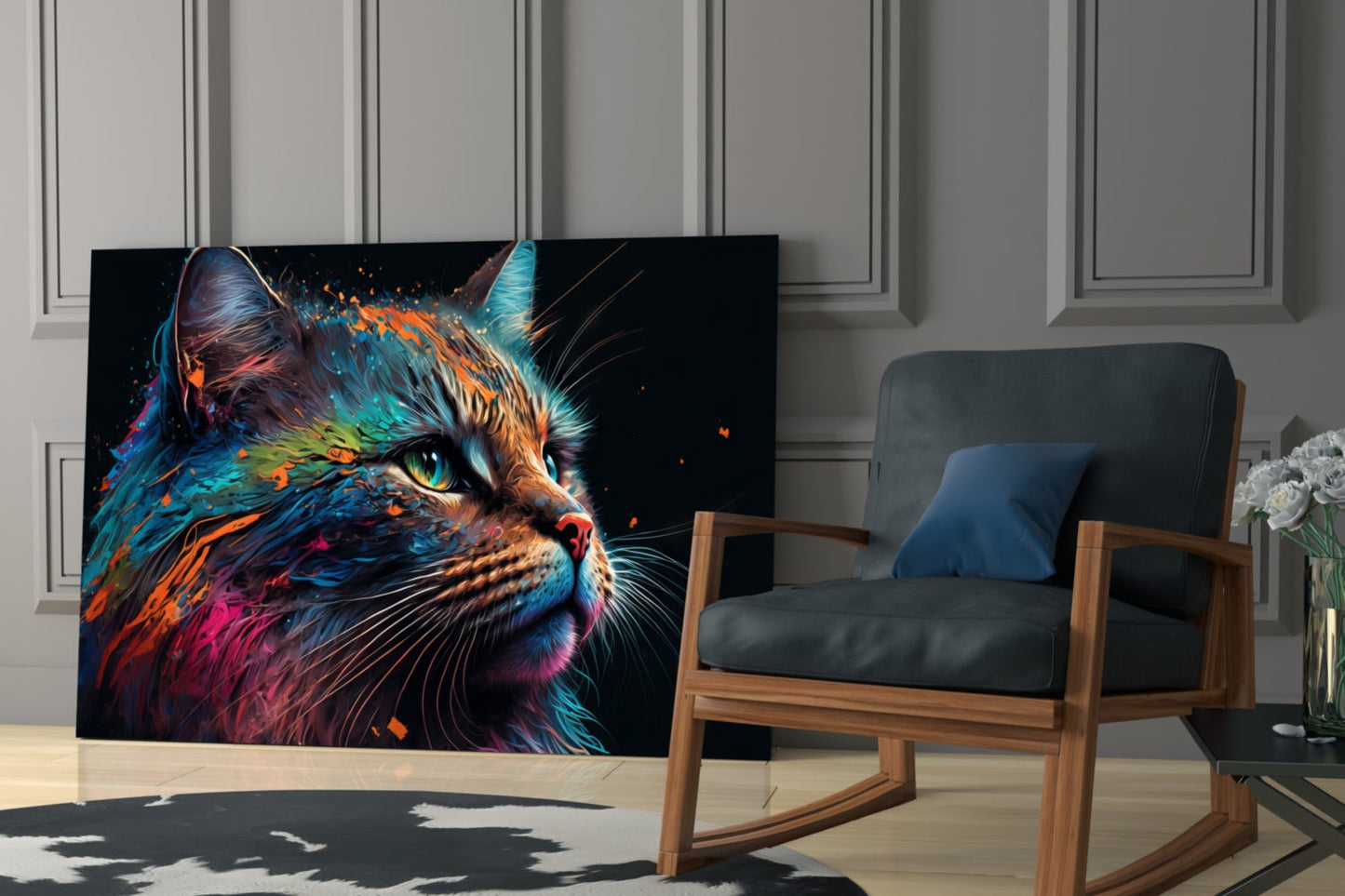 Vibrant multicolored cat portrait glass art displayed on table beside wooden chair in modern interior setting.
