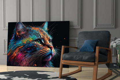 Vibrant multicolored cat portrait glass art displayed on table beside wooden chair in modern interior setting.