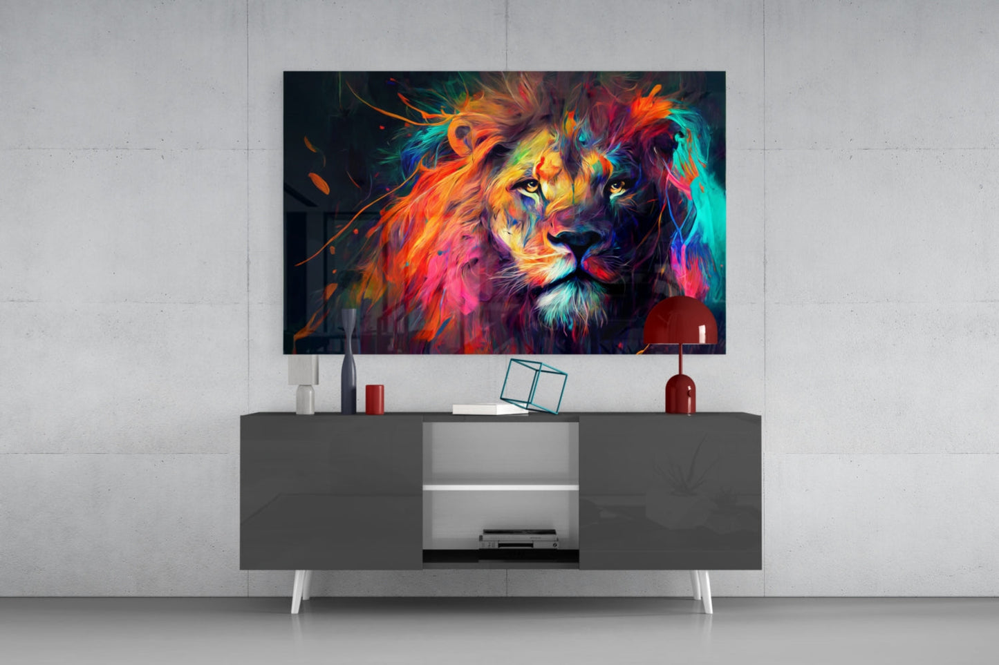 Sunset Orange Flowing Mane Lion Glass Wall Art