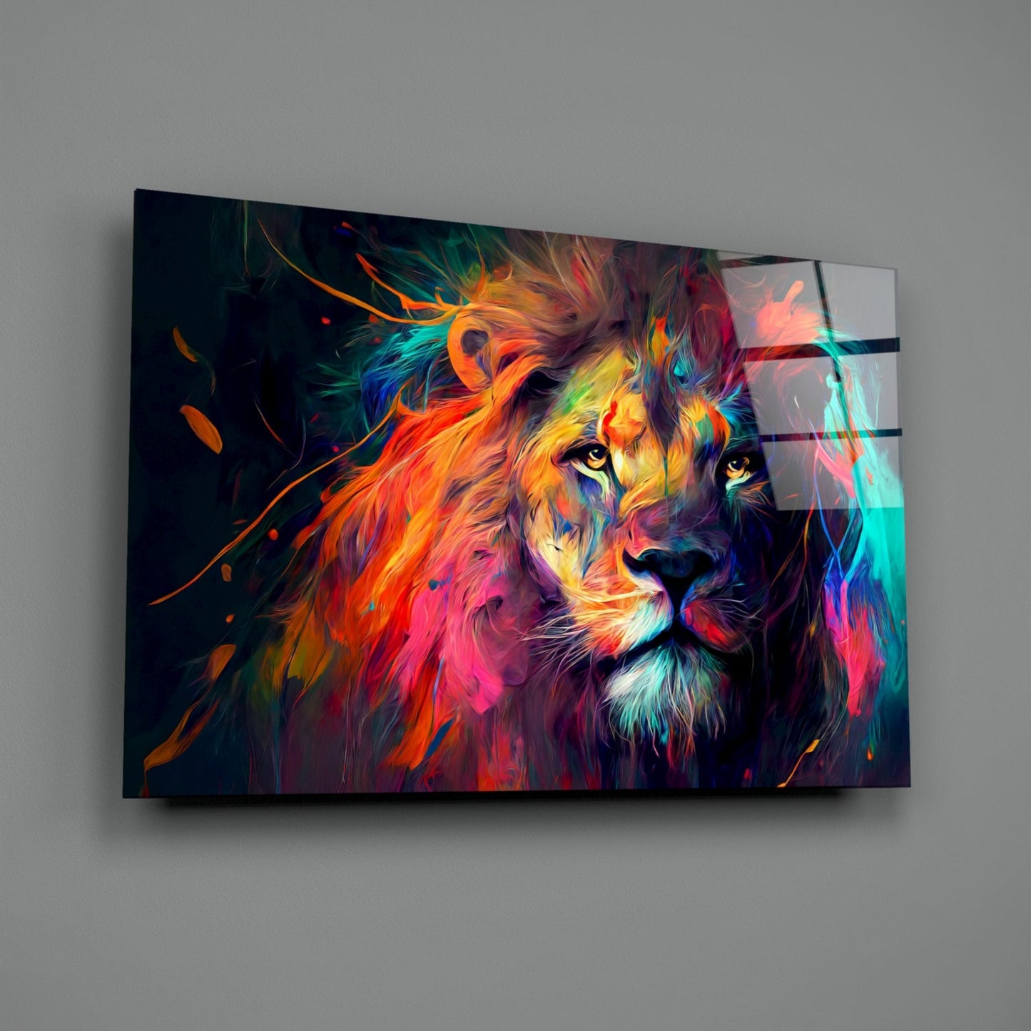 Sunset Orange Flowing Mane Lion Glass Wall Art