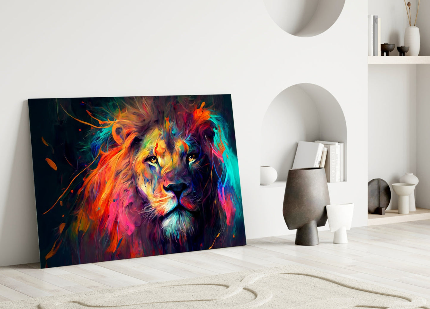 Sunset Orange Flowing Mane Lion Glass Wall Art