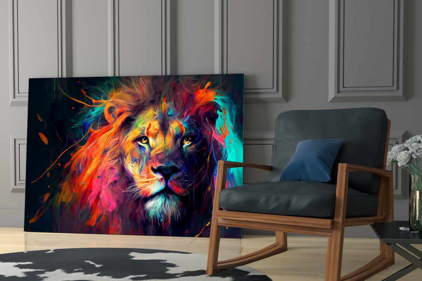 Sunset Orange Flowing Mane Lion Glass Wall Art
