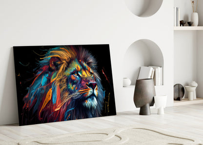 Gold Blue Windswept Roaring Lion Glass Wall Art