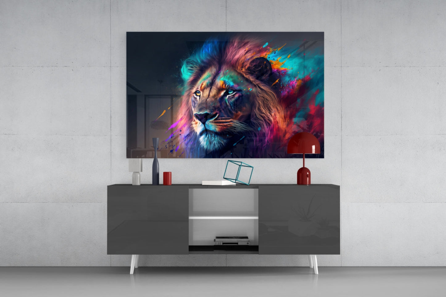 Violet Teal Mist Regal Lion Face Glass Wall Art