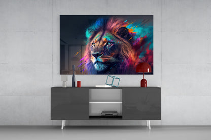 Violet Teal Mist Regal Lion Face Glass Wall Art
