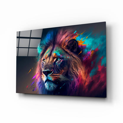 Violet Teal Mist Regal Lion Face Glass Wall Art