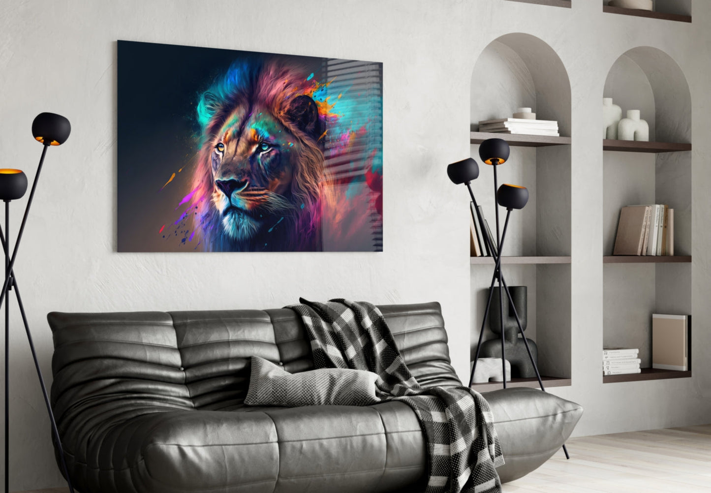 Violet Teal Mist Regal Lion Face Glass Wall Art